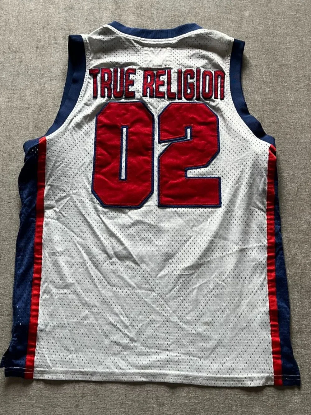 True Religion Basketball Jersey Men L White Blue World Tour Tank Sleeveless